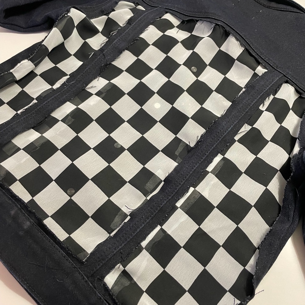 Black lightweight denim jacket, features black & white checkered design. - Picture 3 of 5